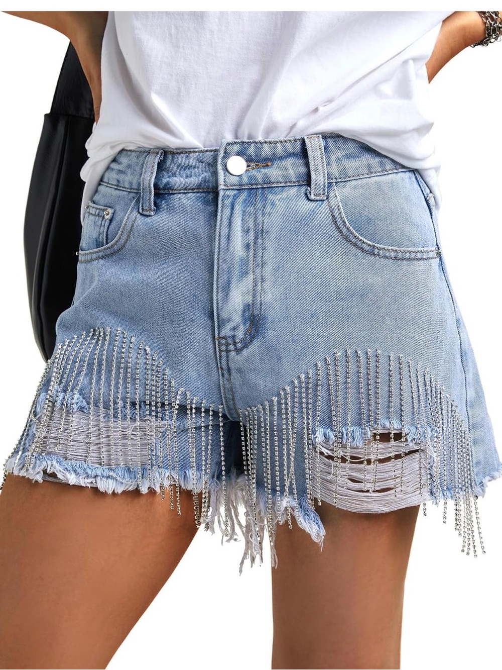 Light Blue Rhinestone Fringe Distressed Denim Shorts - Women's Jean Shorts
